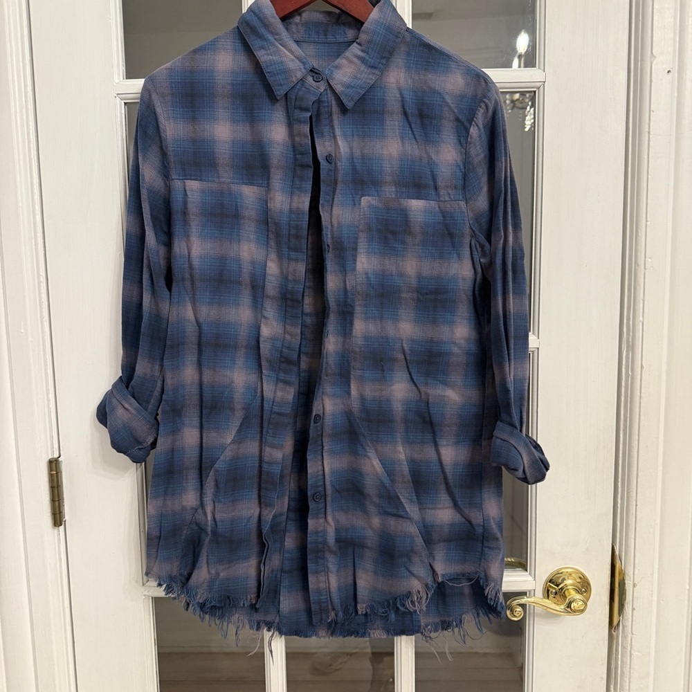 RtA Women’s Blue Plaid Frayed Hem Long Sleeve Button Down Shirt Size M